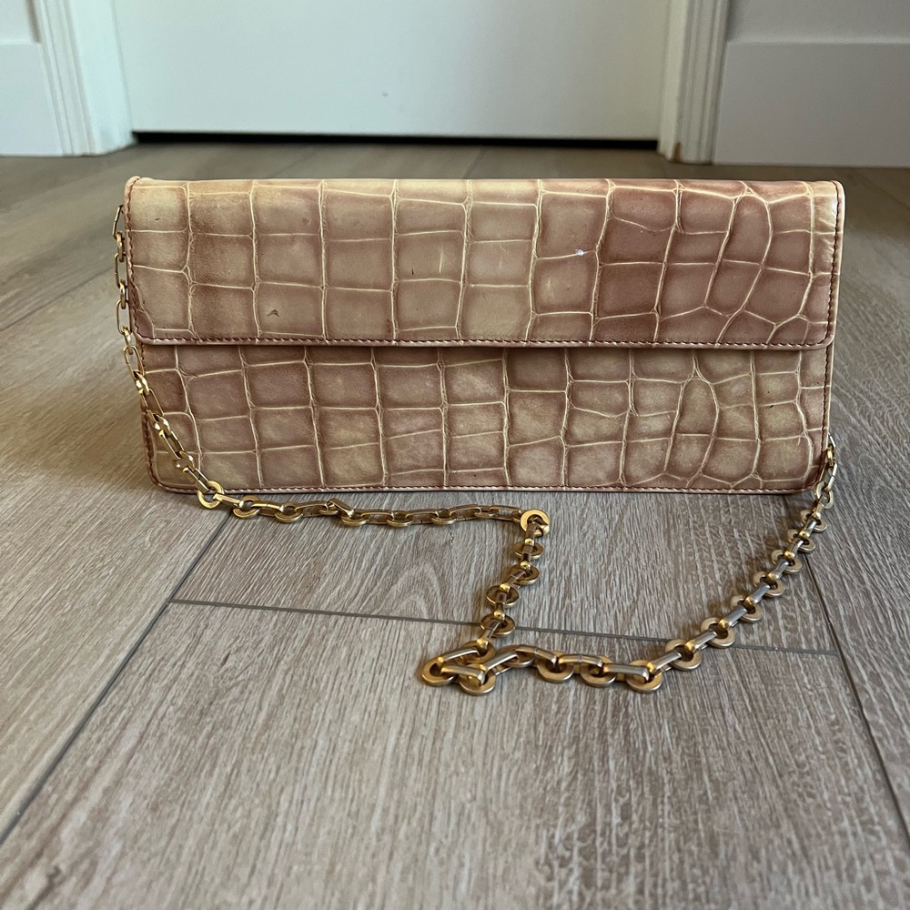 Cynthia Rowley Tan Crocodile-Embossed Clutch with Gold Chain